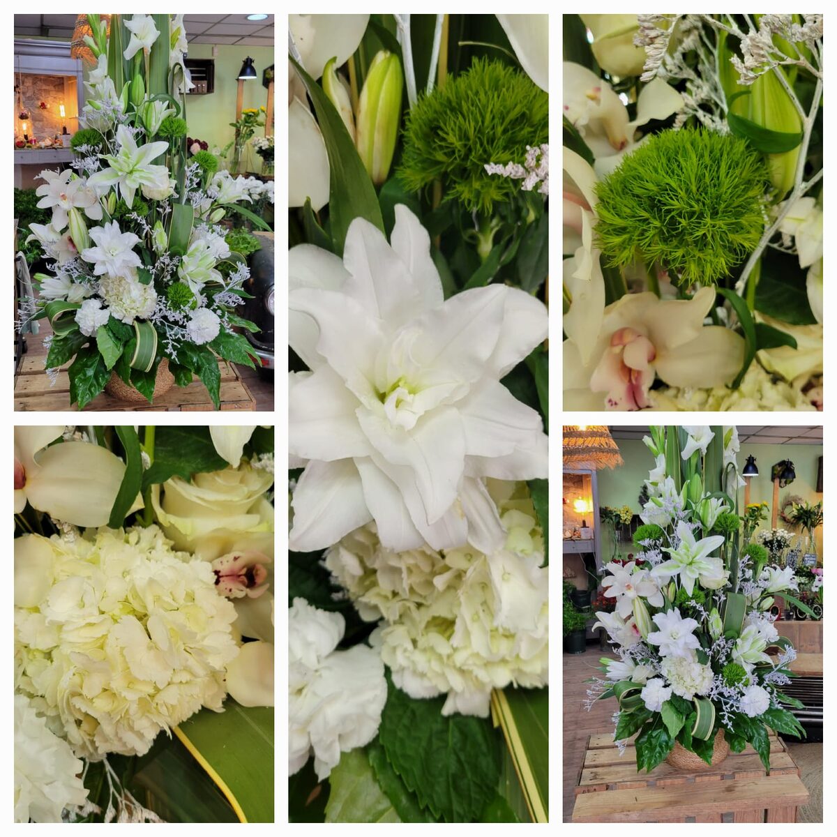 Compositions florales blanches et vertes Cap Vert, vues en boutique